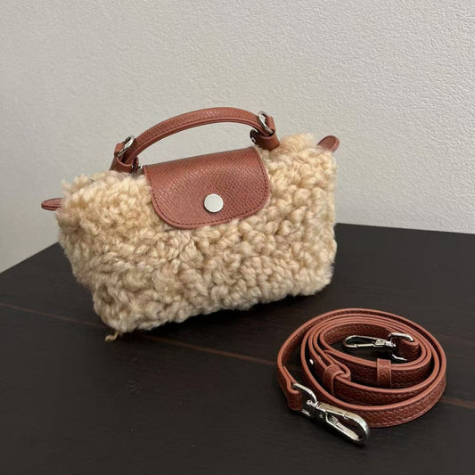 Women's Genuine Leather Lamb Wool Mini Portable Fur Bags