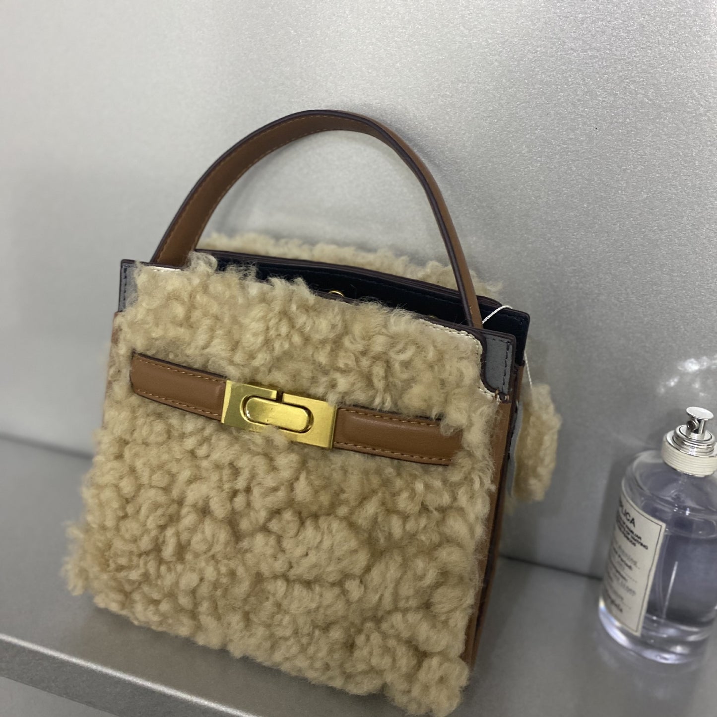 Women's Winter Cute Wool Cowhide Stitching Leather Crossbody Bags