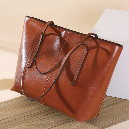 Women's Genuine Leather Simple Big Oil Wax Shoulder Bags