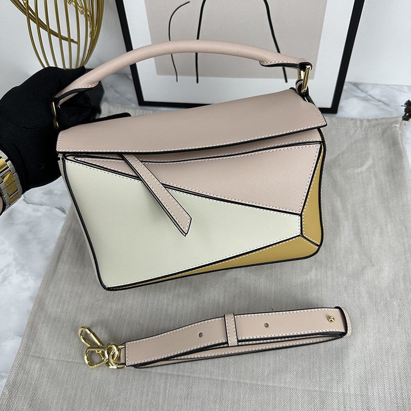 Women's Geometric Rhombus Soft Leather Stitching Genuine Portable Shoulder Bags