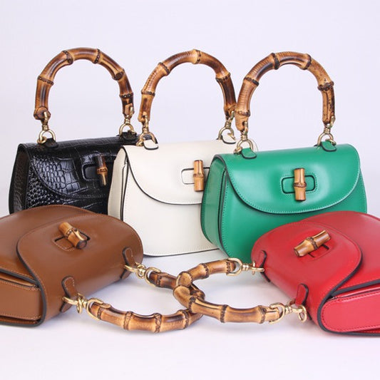 Women's Bamboo Retro Textured Genuine Leather Home Shoulder Bags