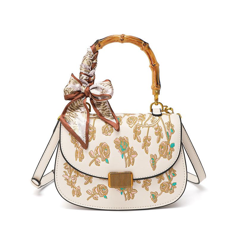 Style Embroidery Camellia Bamboo Saddle National Mom Shoulder Bags