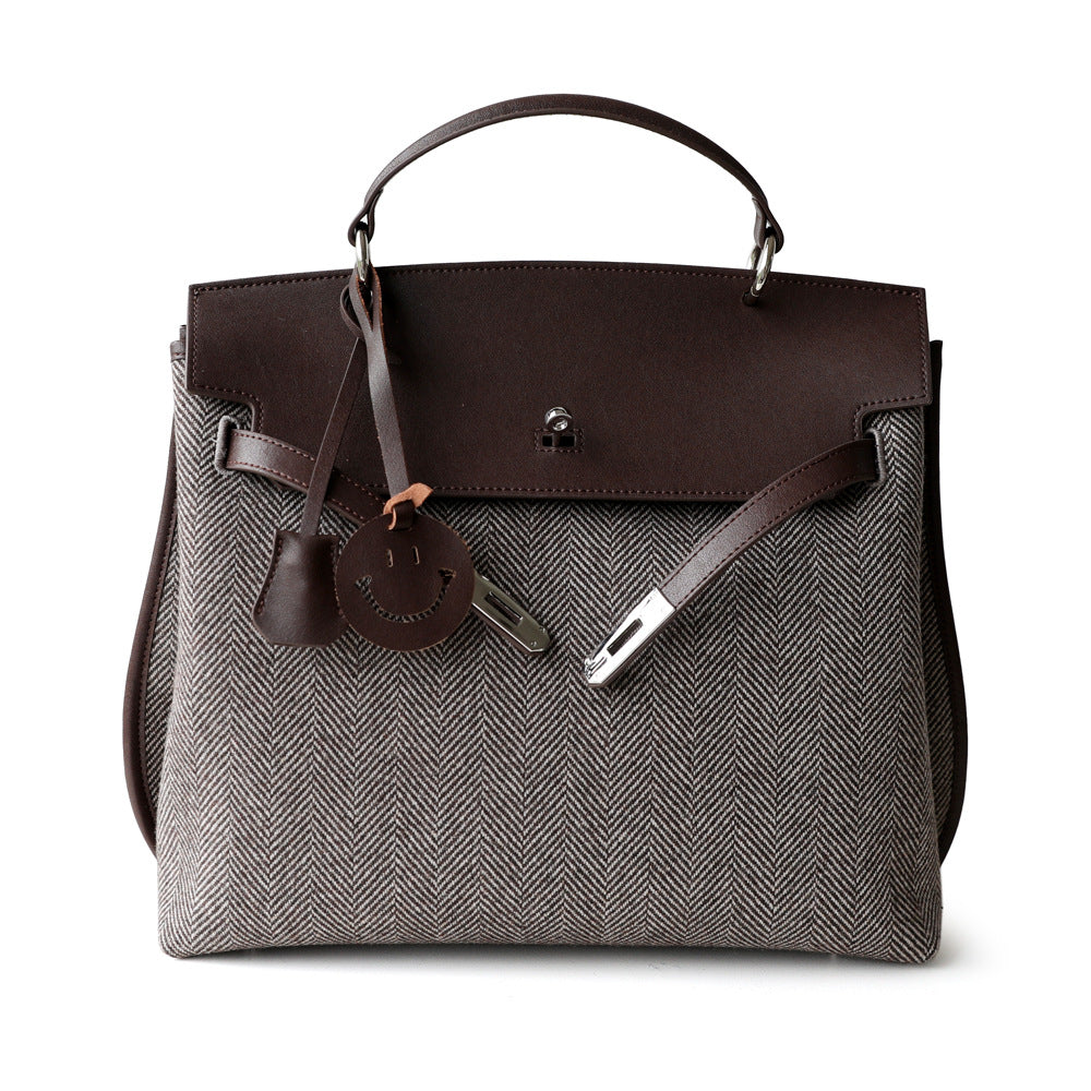 Women's High-grade Vintage Twill Canvas Stitched Cowhide Shoulder Bags