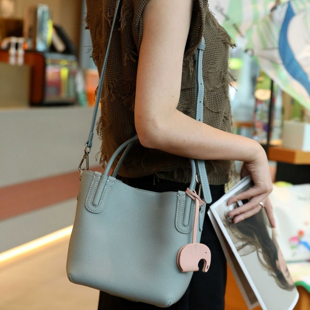 Women's Popular Genuine Leather Vegetable Basket Handbags