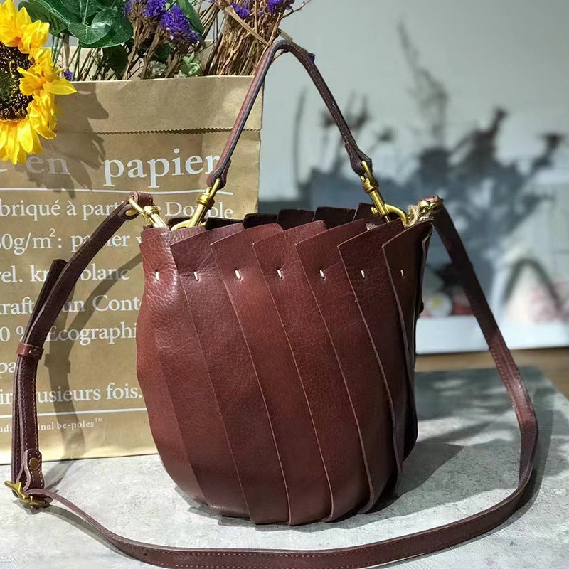 Women's First Layer Cowhide Handmade Vegetable Basket Crossbody Bags
