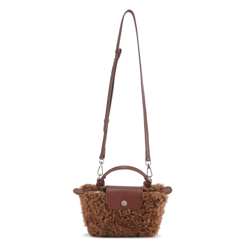 Women's Genuine Leather Lamb Wool Mini Portable Fur Bags